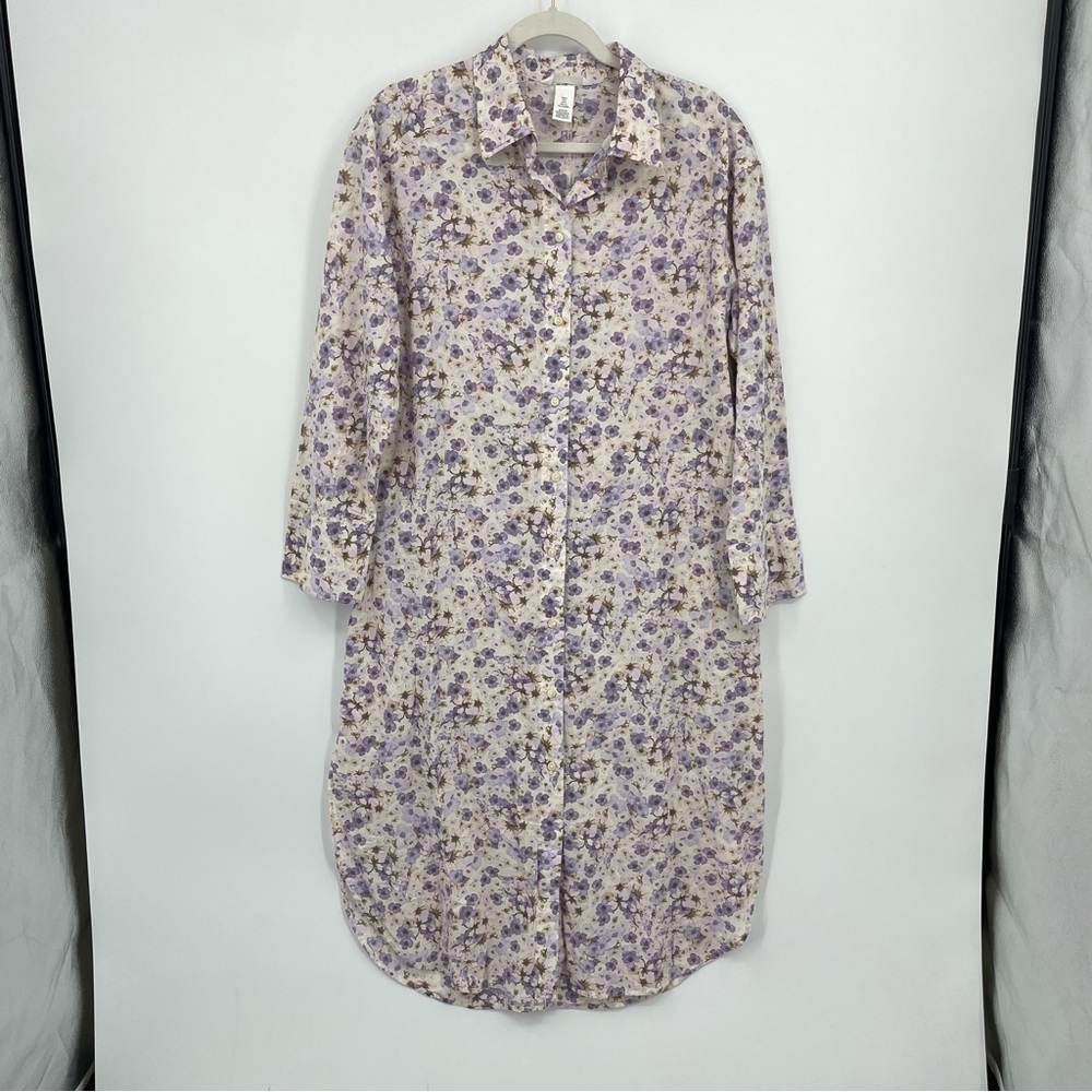 H&M Floral Calf Length Cotton Shirt Dress purple Sz S